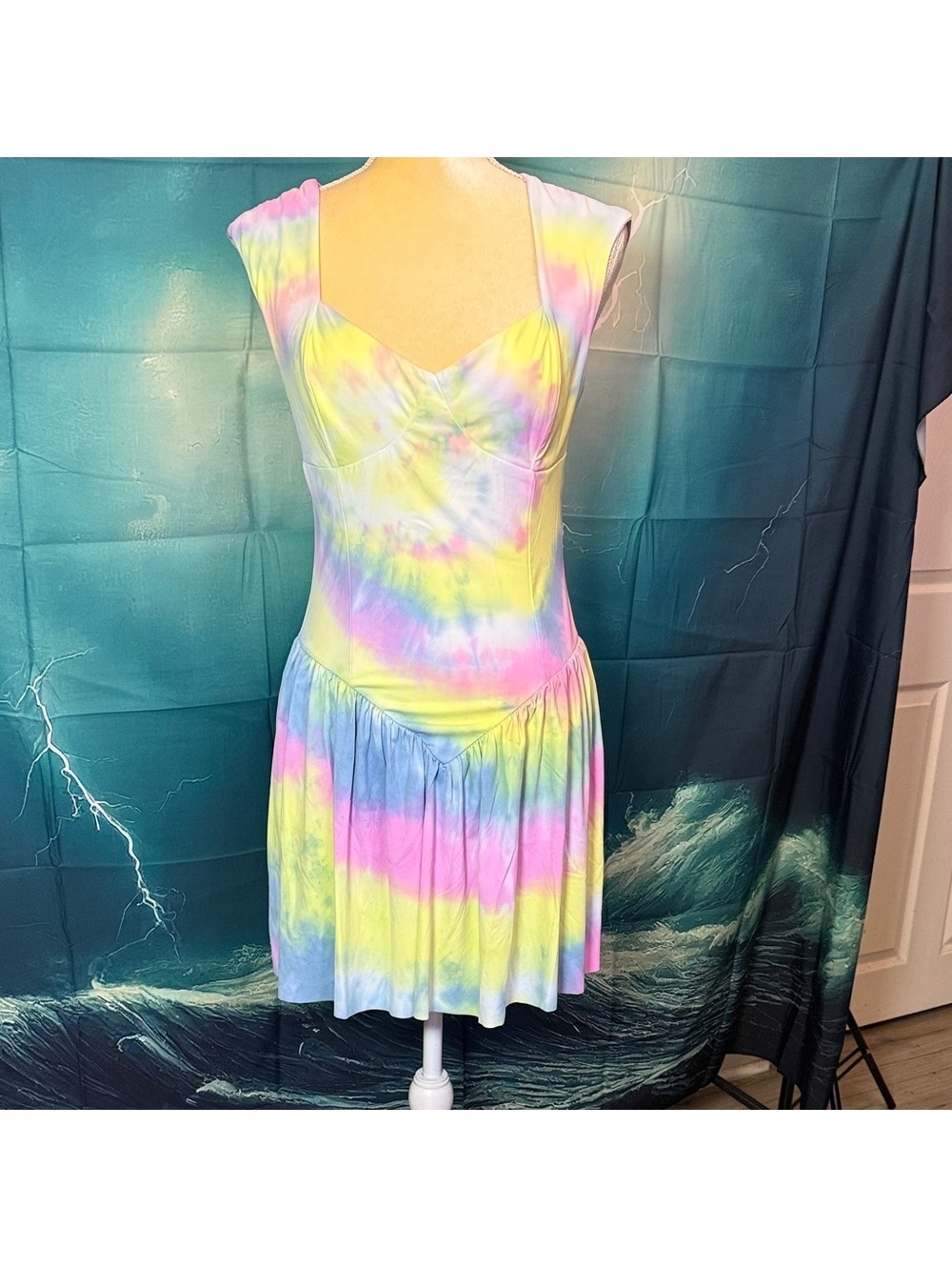Pastel Tie-Dye Mini Dress with Cap Sleeves - Multicolor